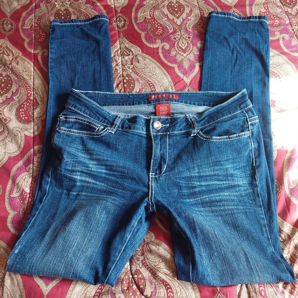 Y2k Red Rivet Rhinestone Straight Leg Jeans - Picture 2 of 4